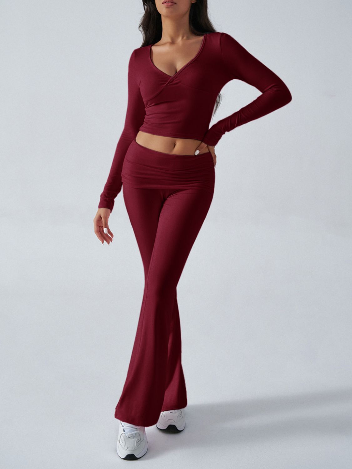 Devine Ruched Long Sleeve Top and Pants Set