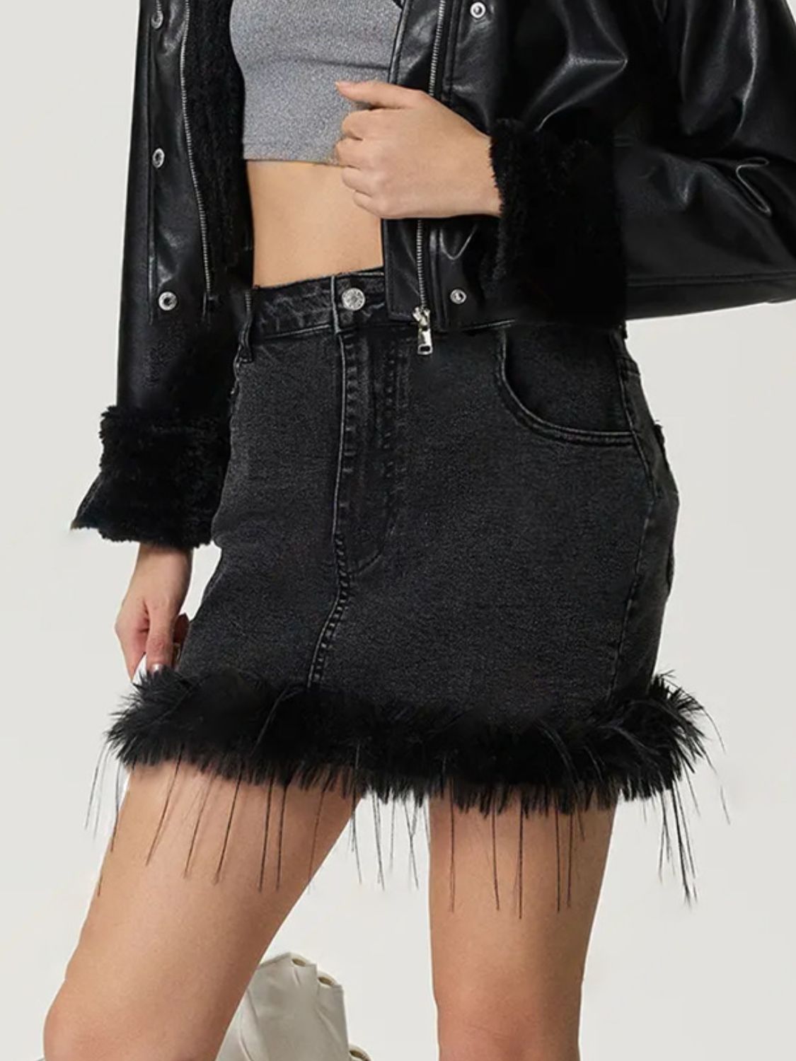 Plush Hem Mini Denim Skirt - Celeste    