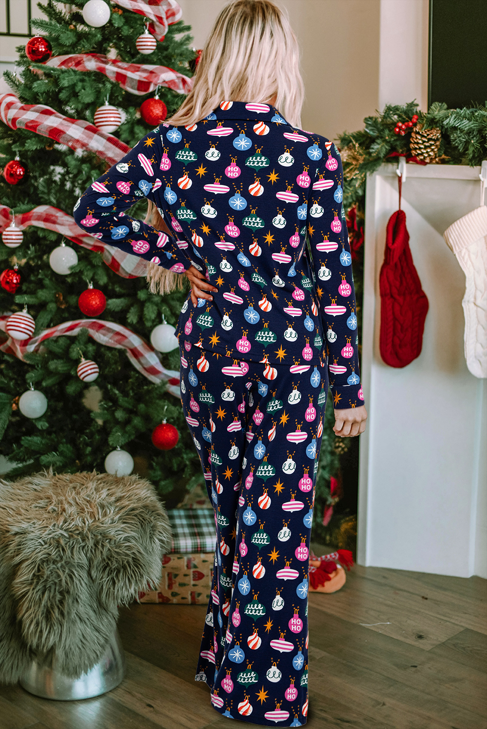 Christmas Lights Print Collared Neck Top and Pants Set - Celeste    