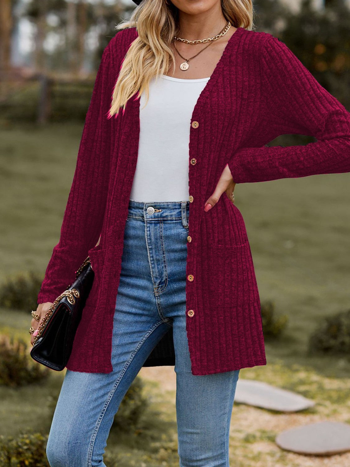 Ribbed Button Up Long Sleeve Cardigan - Celeste    