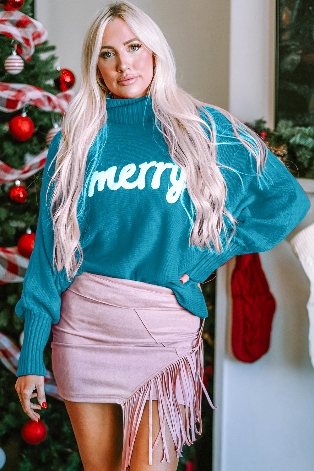 Double Take Full Size Merry Christmas Turtleneck Long Sleeve Sweater - Celeste    