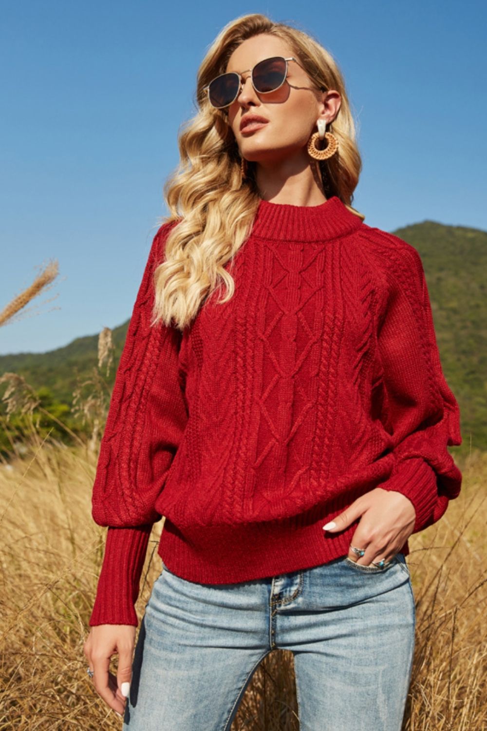 Ribbed Mock Neck Lantern Sleeve Sweater - Celeste    