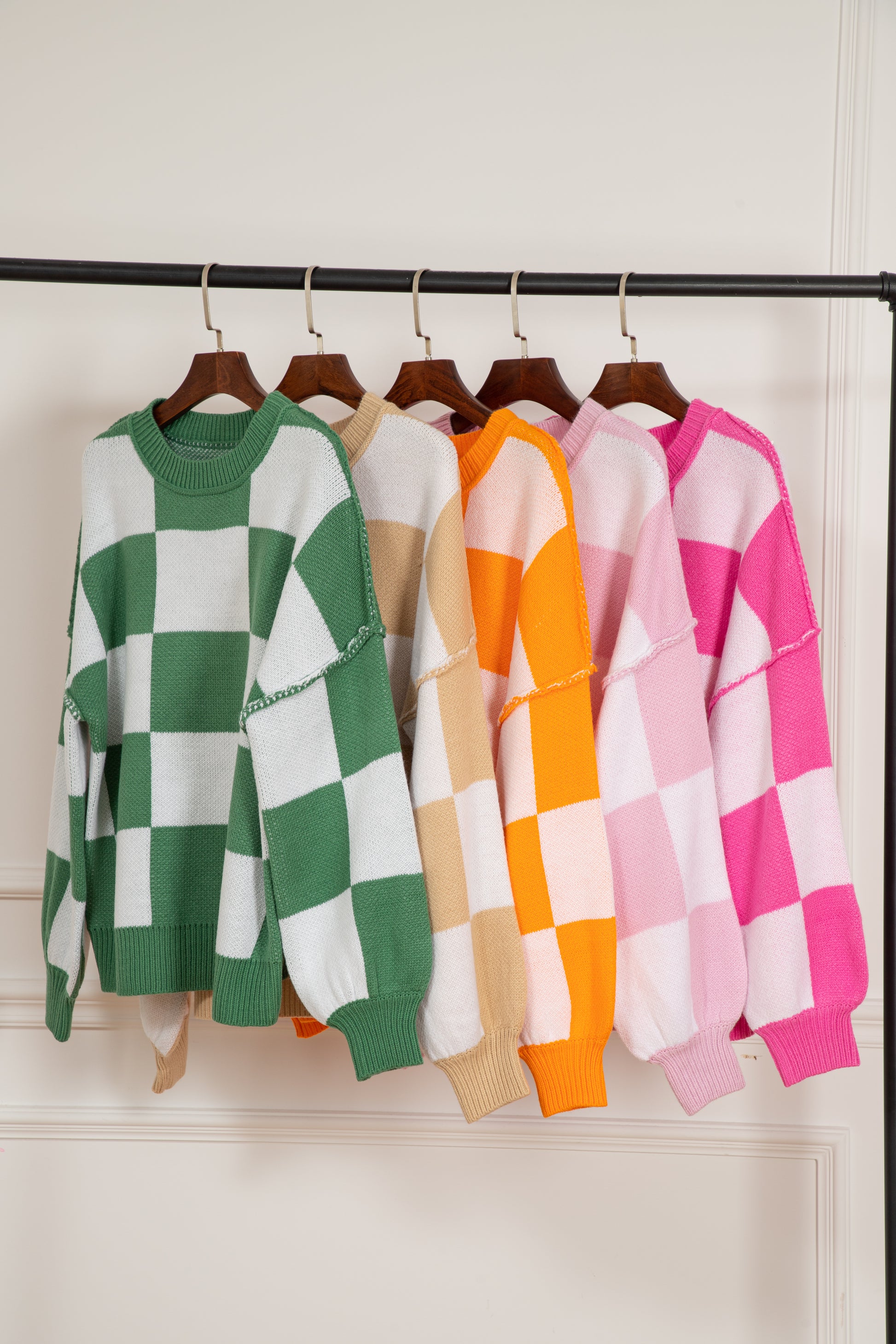 Orange Checkered Bishop Sleeve Sweater - Celeste  Sweaters & Cardigans/Sweaters  