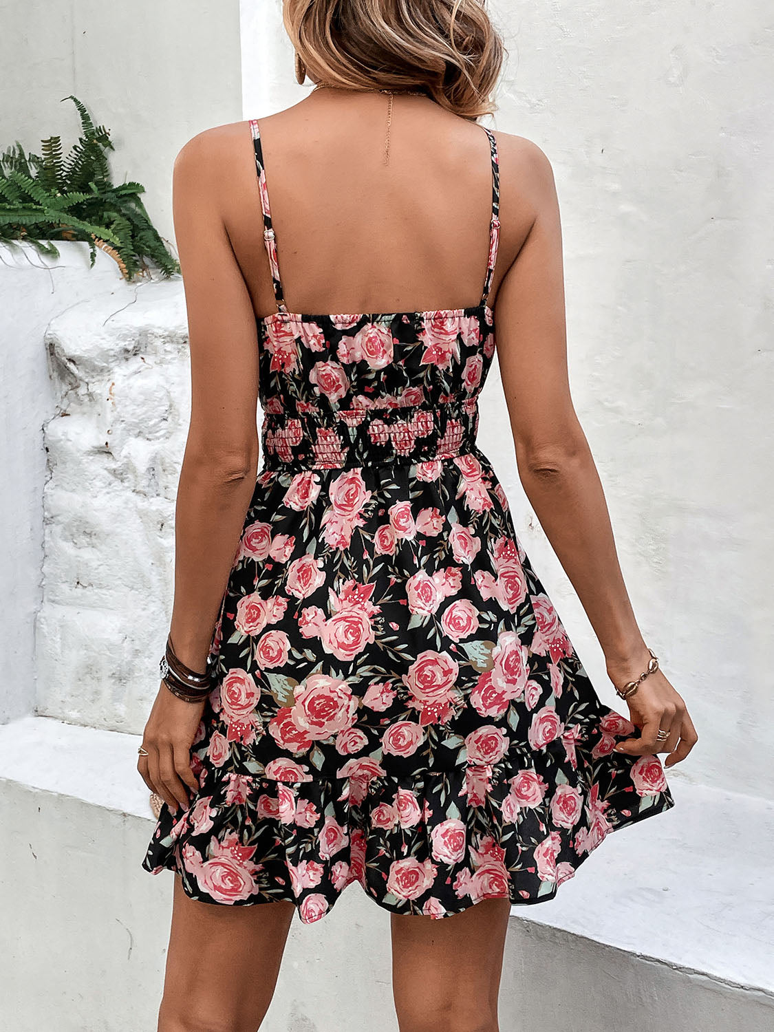 Perfee Tied Rose Print Spaghetti Strap Dress - Celeste    