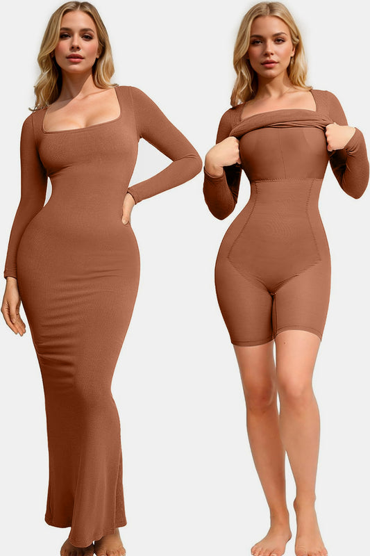 Basic Bae Built-In Shapewear Square Neck Long Sleeve Maxi Dress - Celeste    