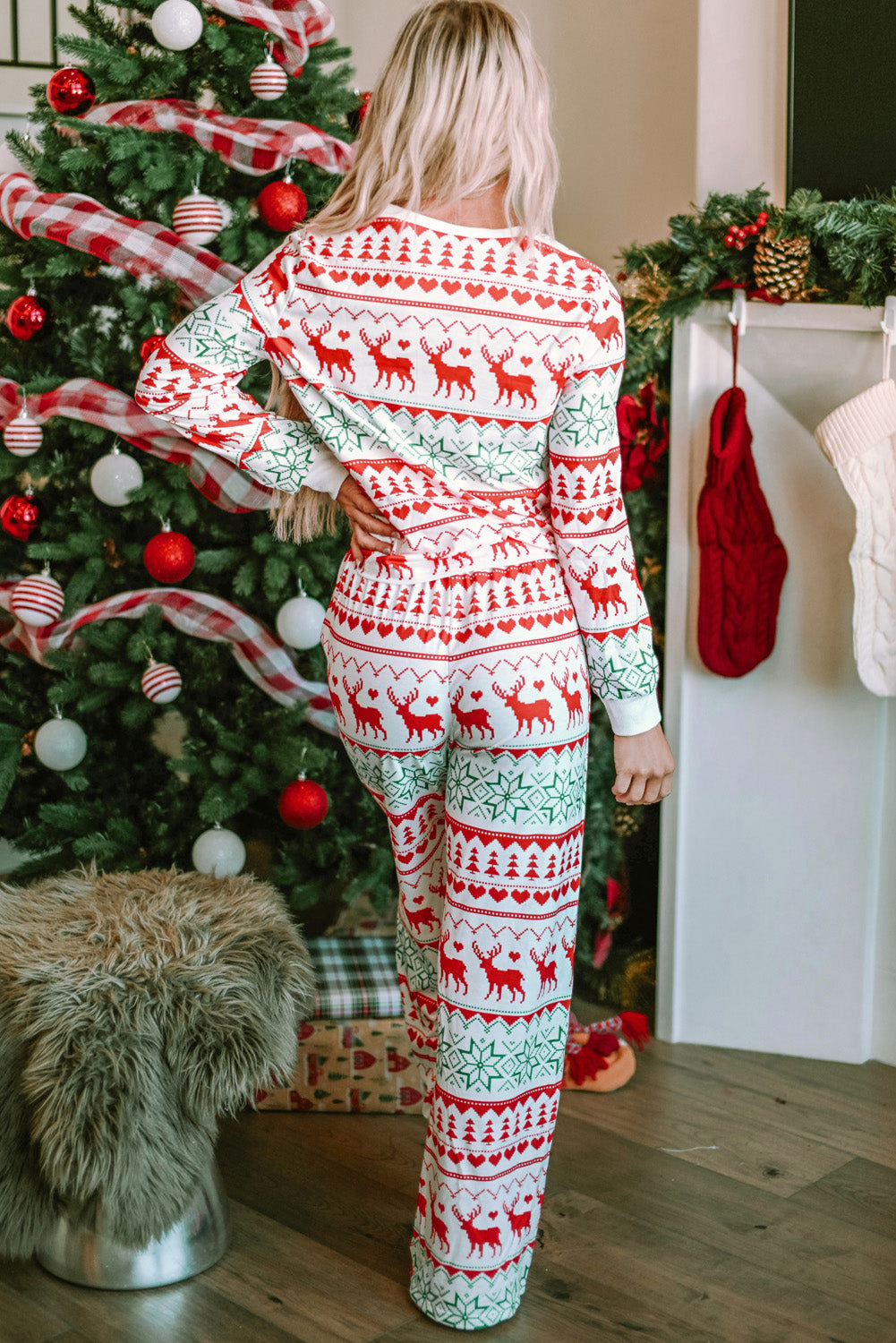 Christmas Element Round Neck Top and Pants Lounge Set - Celeste    