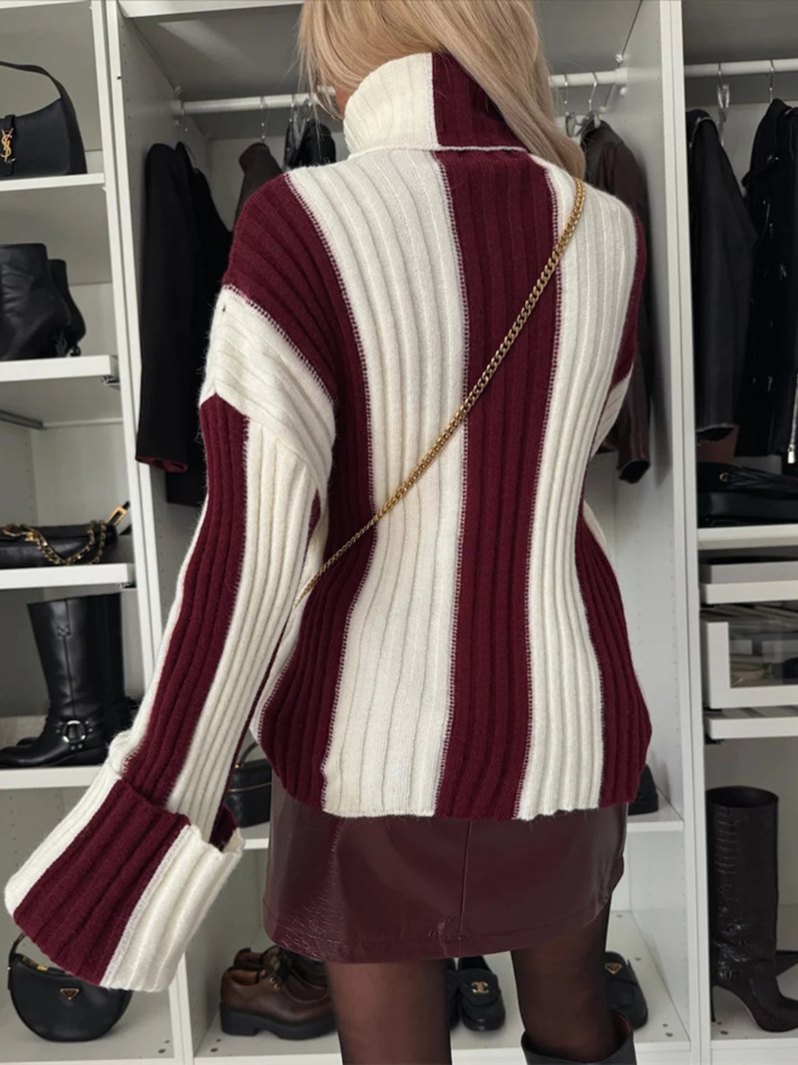 Striped Turtleneck Dropped Shoulder Sweater - Celeste    