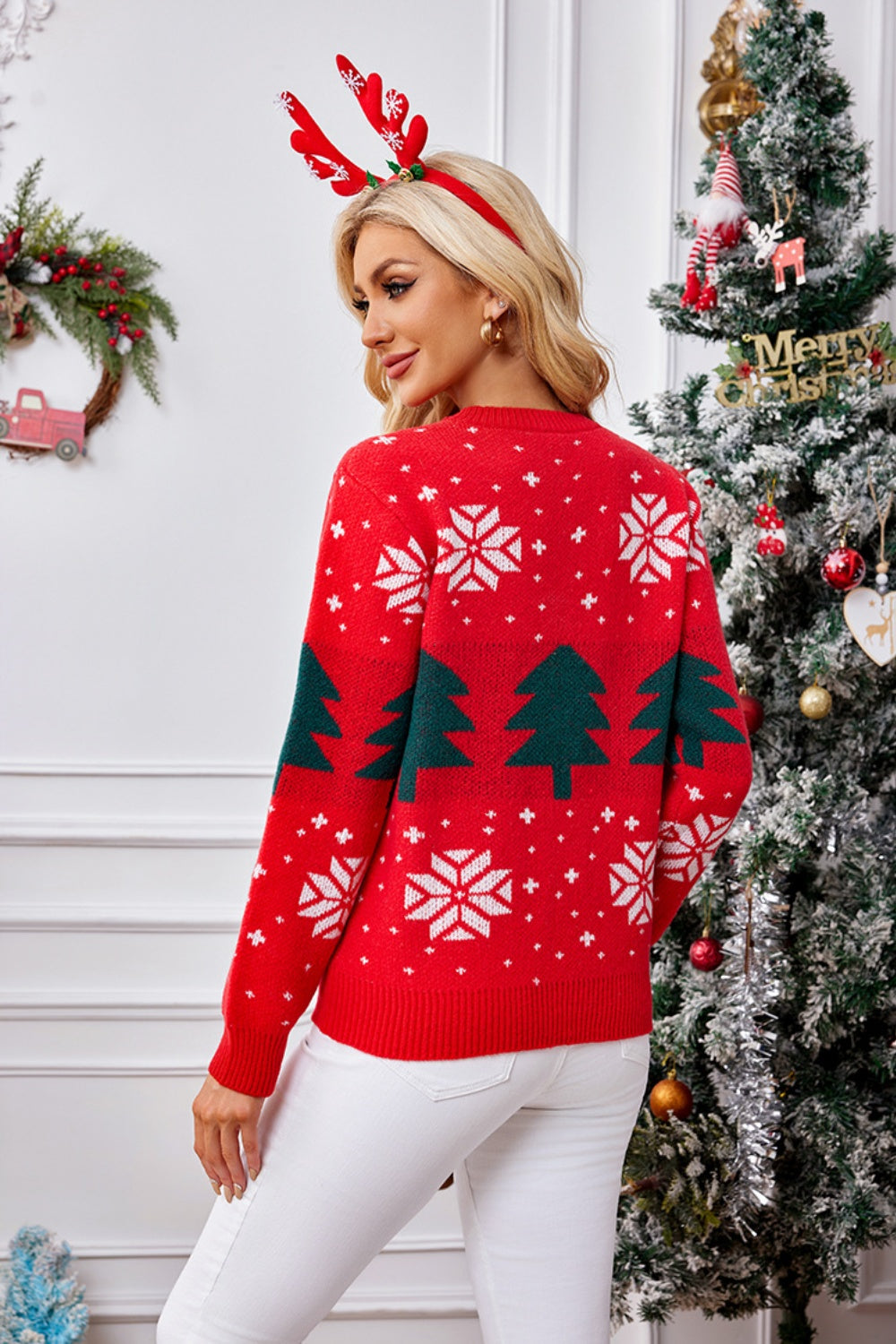 Christmas Tree Round Neck Long Sleeve Sweater - Celeste    