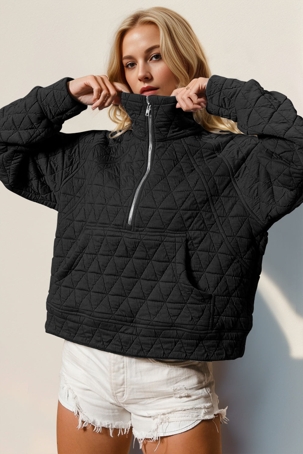 Double Take Half Zip Long Sleeve Quilted Sweatshirt with Pocket - Celeste    