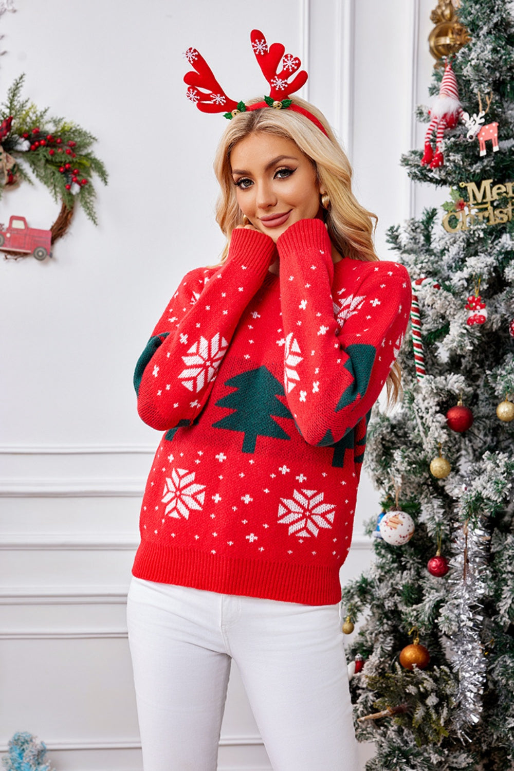 Christmas Tree Round Neck Long Sleeve Sweater - Celeste    