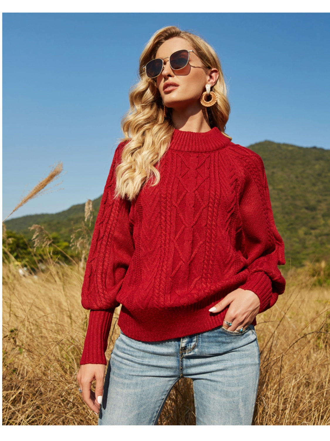 Ribbed Mock Neck Lantern Sleeve Sweater - Celeste    