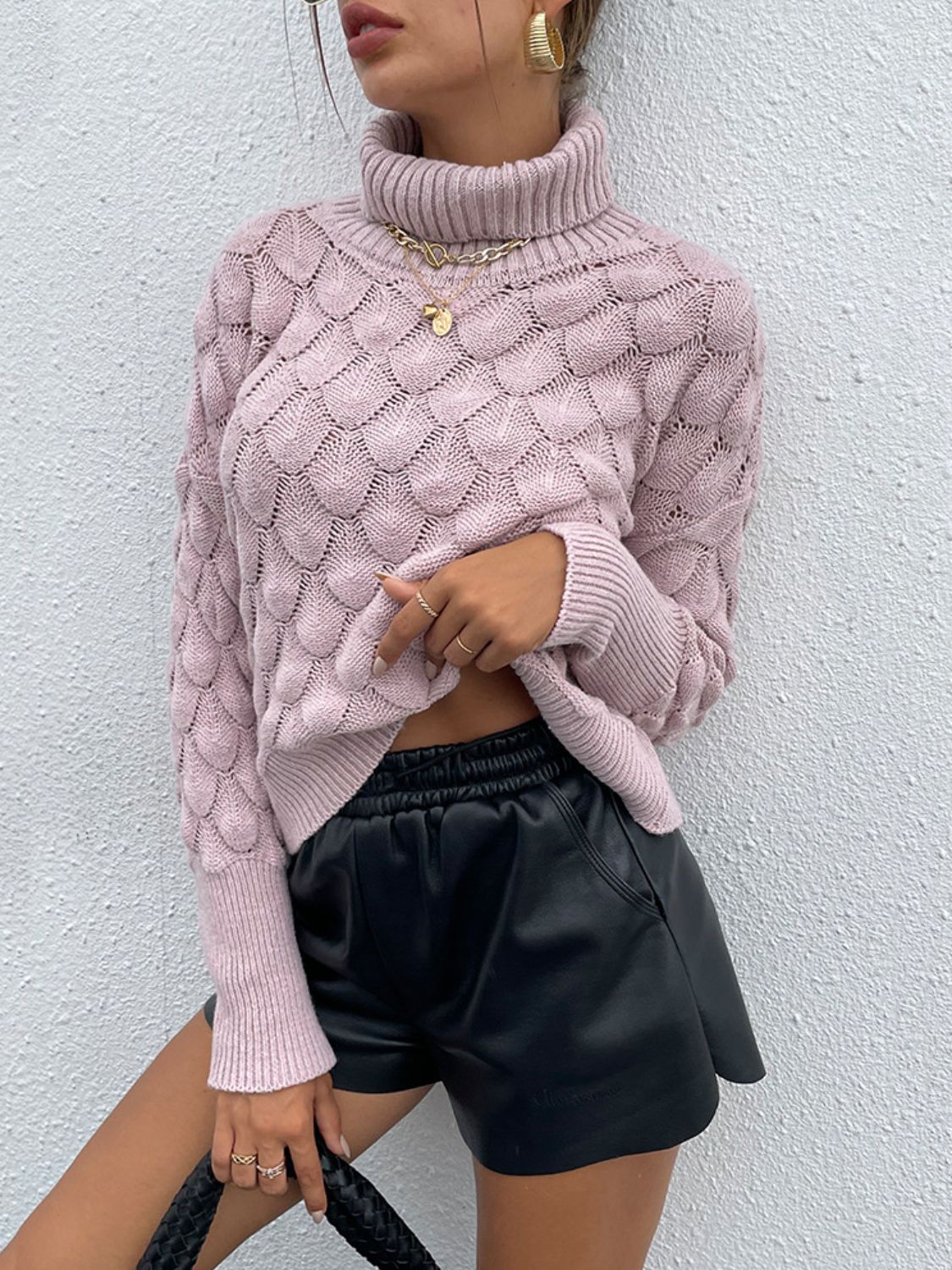 Shiny Turtle Neck Ribbed Long Sleeve Sweater - Celeste    