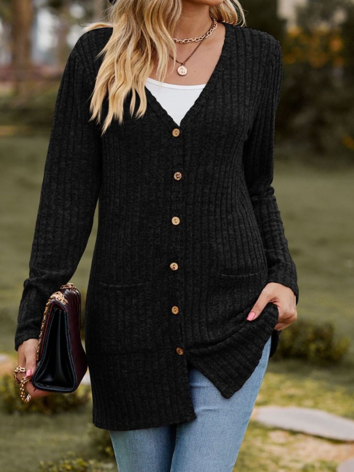 Ribbed Button Up Long Sleeve Cardigan - Celeste    