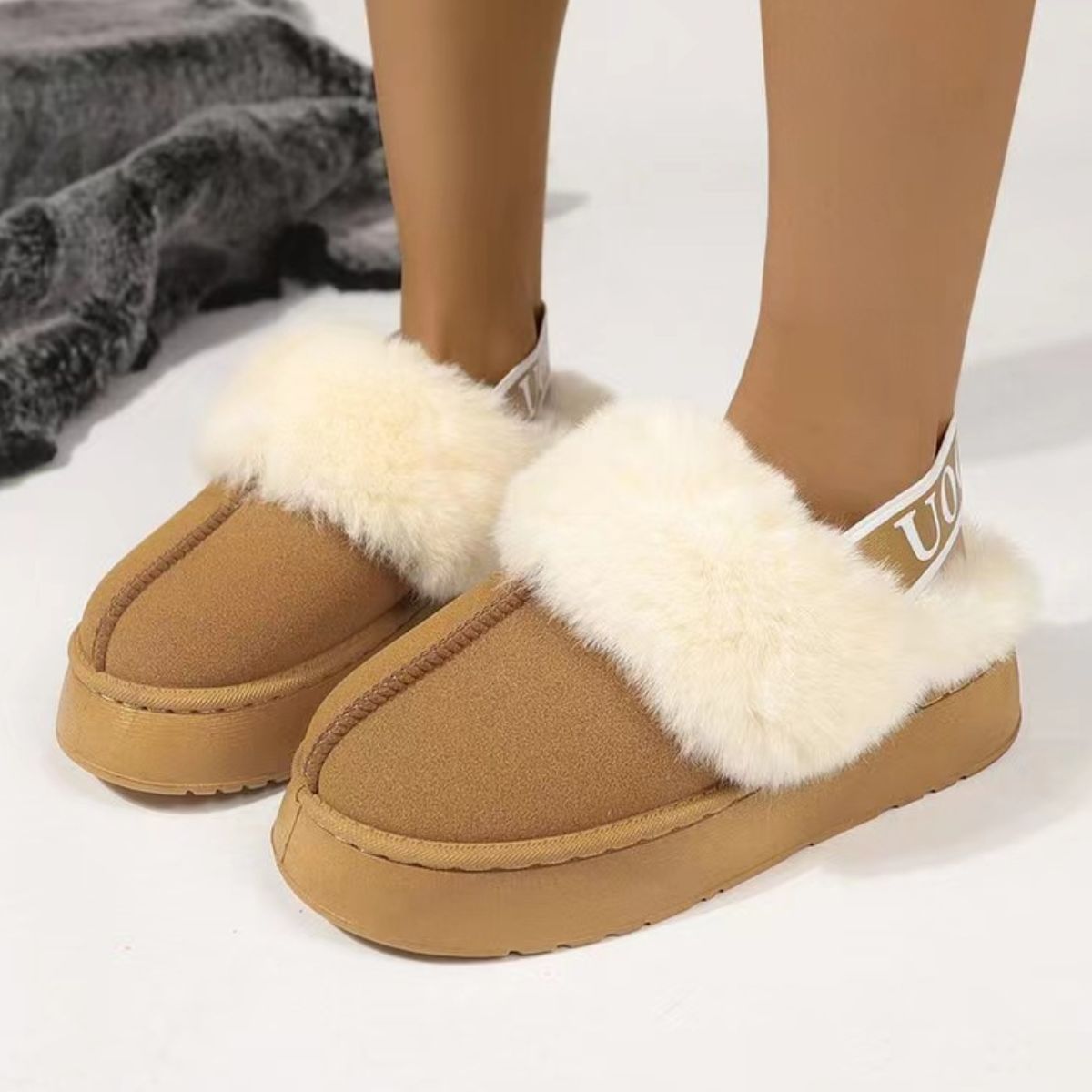 Plush Platform Slippers with Letter Strap - Celeste    