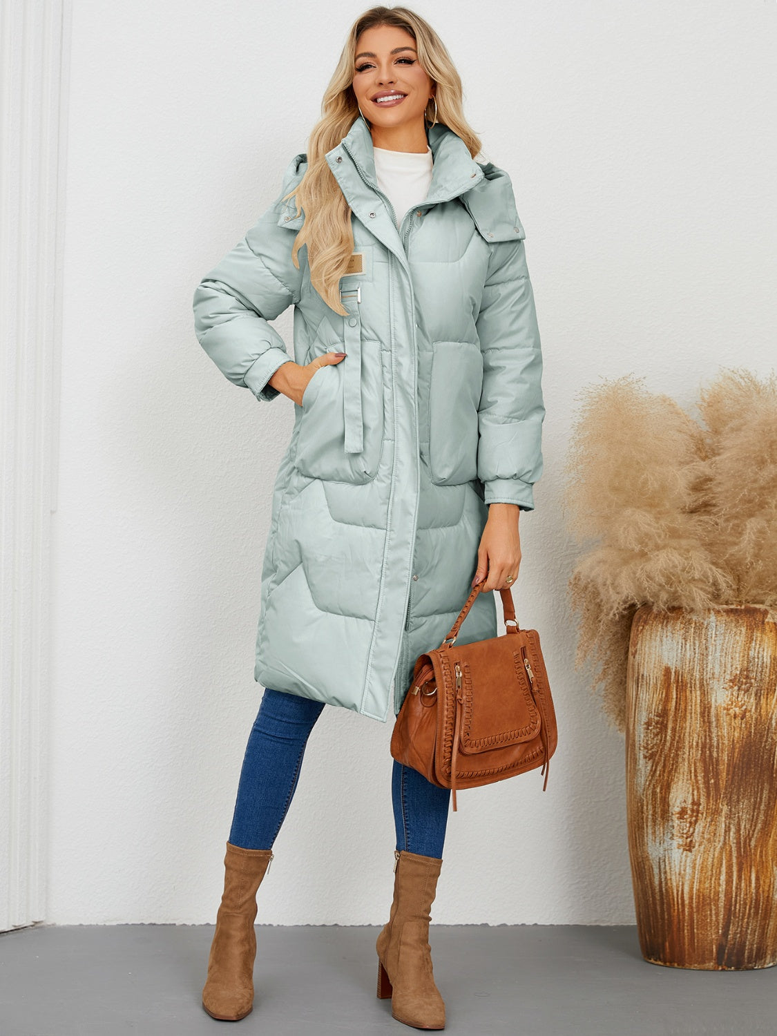 Long Sleeve Longline Hooded Winter Coat - Celeste    