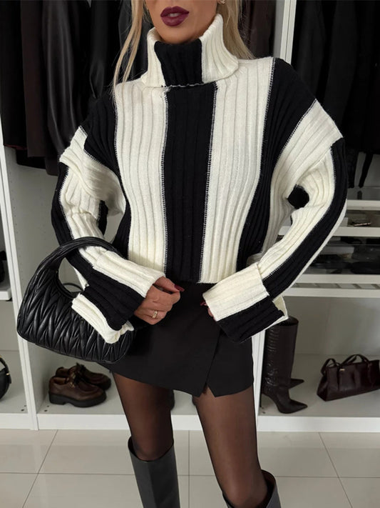 Striped Turtleneck Dropped Shoulder Sweater - Celeste    