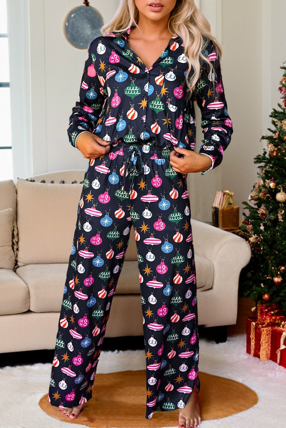 Christmas Lights Print Collared Neck Top and Pants Set - Celeste    