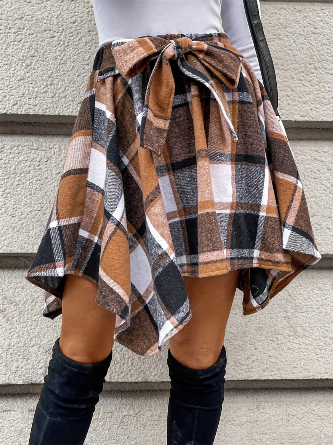 Tied Plaid Asymmetrical Hem Skirt - Celeste    