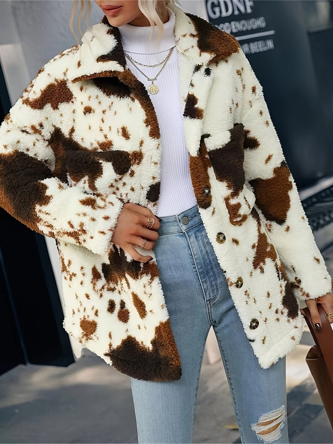 Cow Print Collared Neck Button Up Fuzzy Jacket - Celeste    