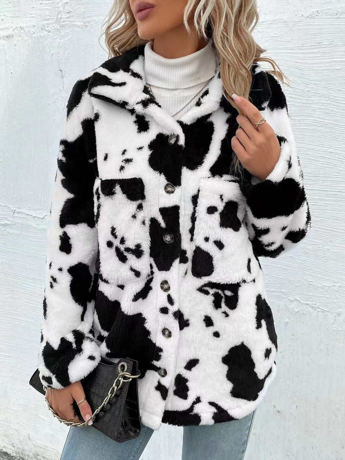 Cow Print Collared Neck Button Up Fuzzy Jacket - Celeste    