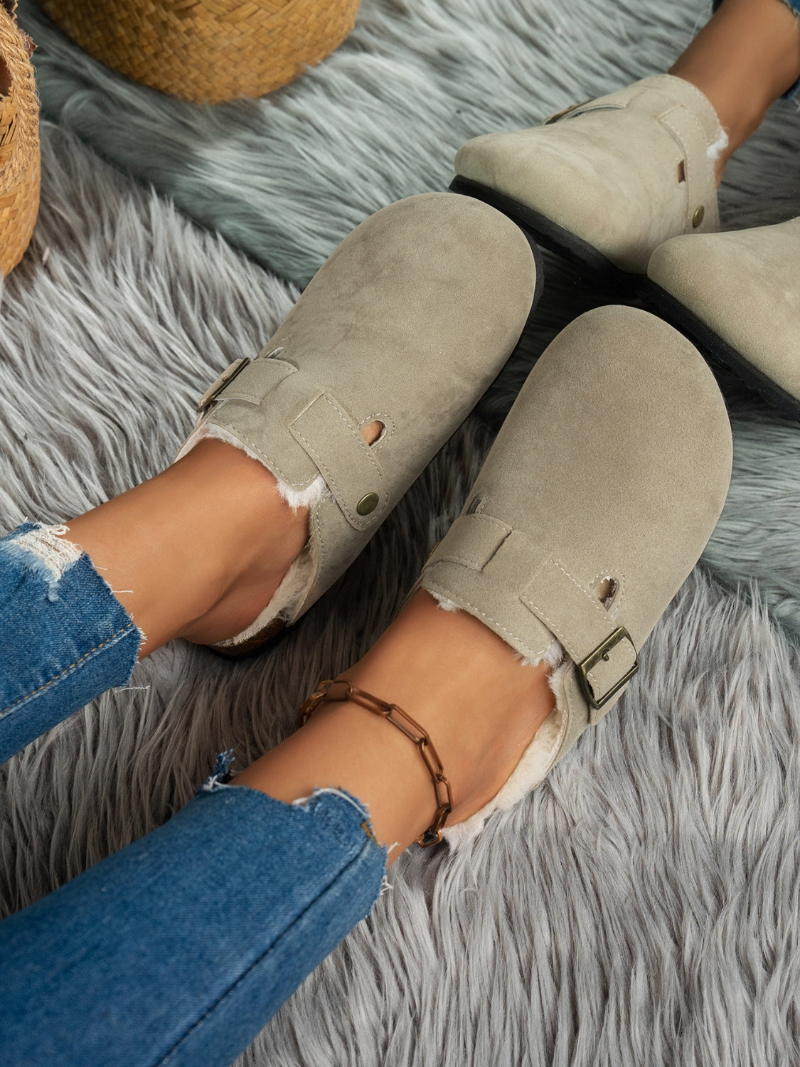 Suede Round Toe Slippers - Celeste    