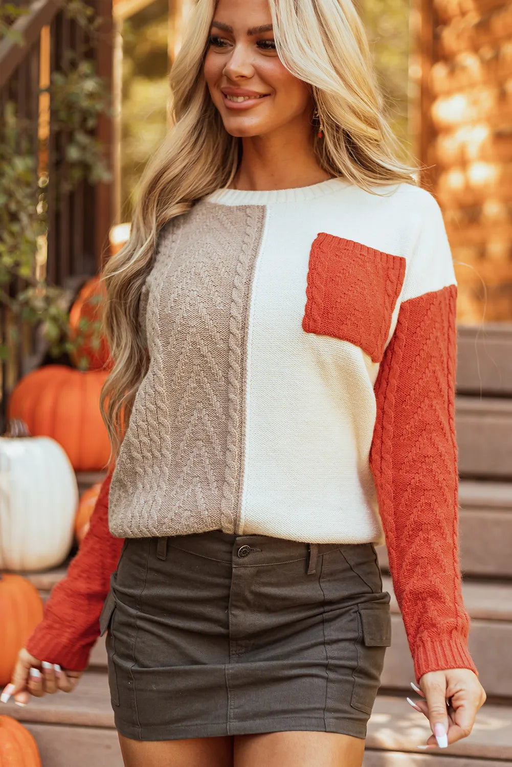 Color Block Round Neck Long Sleeve Sweater - Celeste    