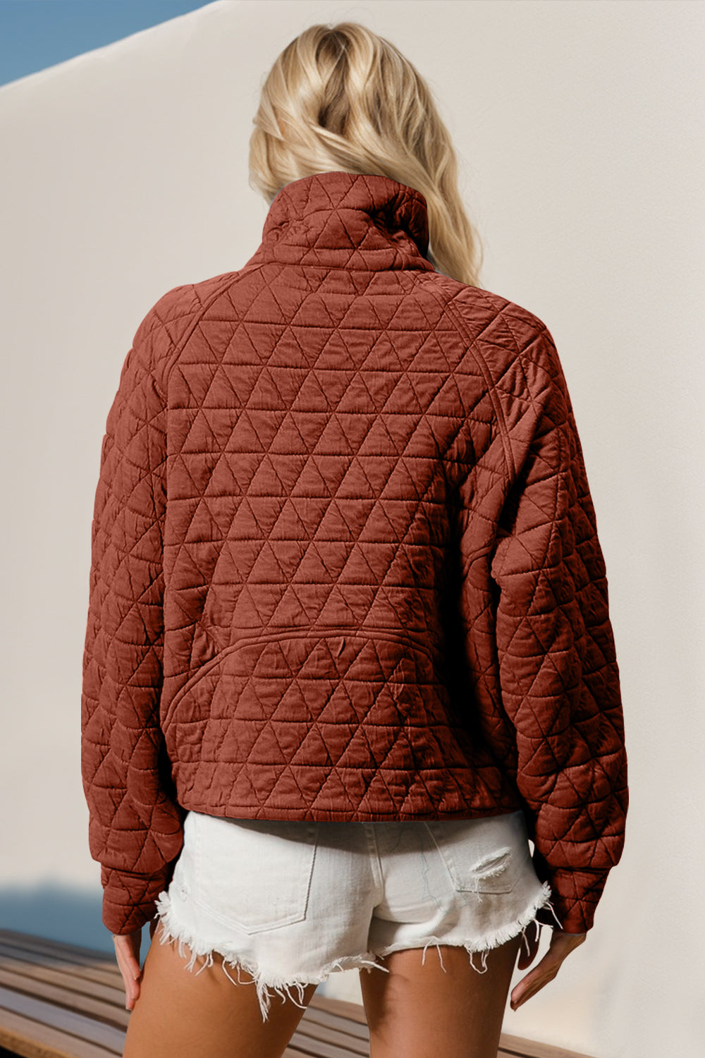 Double Take Half Zip Long Sleeve Quilted Sweatshirt with Pocket - Celeste    