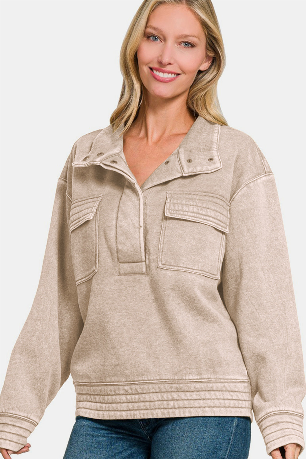 Zenana Acid Washed Half Snap Fleece Sweatshirt - Celeste    