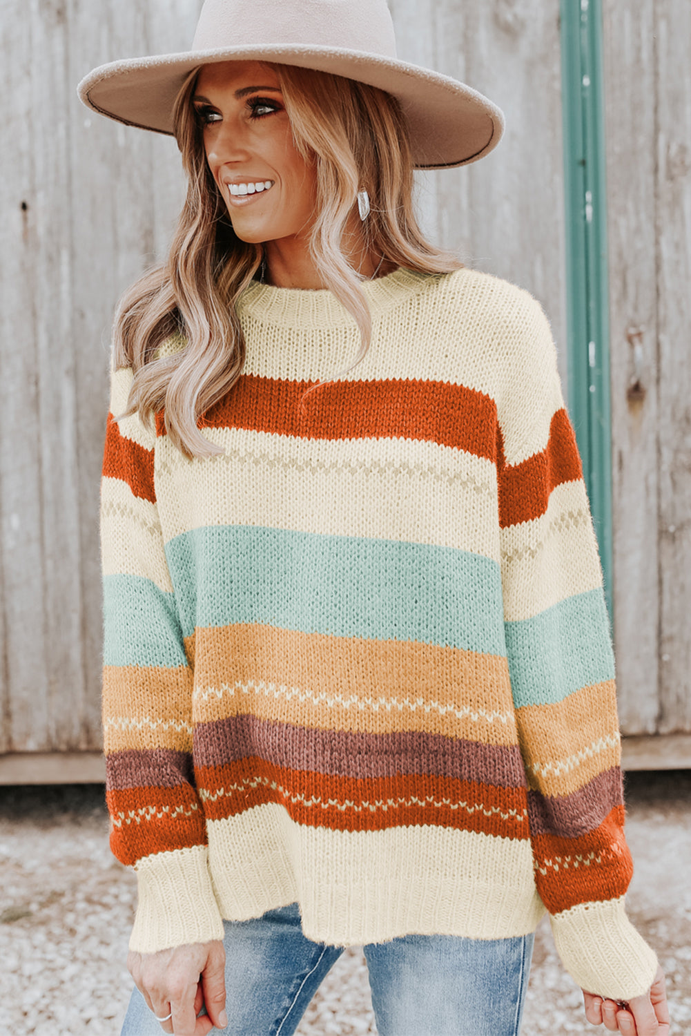 Crew Neck Drop-shoulder Striped Color Block Sweater