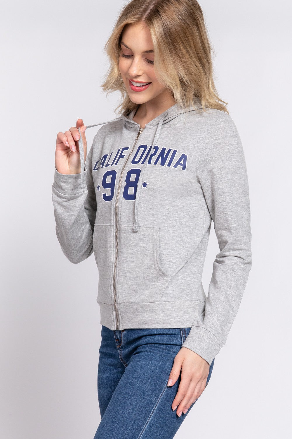 ACTIVE BASIC CALIFORNIA Zip Up Drawstring Long Sleeve Hoodie - Celeste    