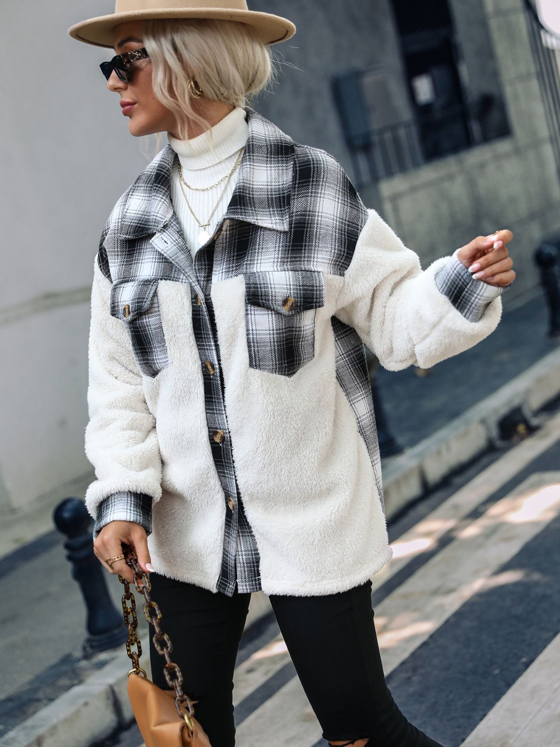 Plaid Collared Neck Button Down Jacket - Celeste    