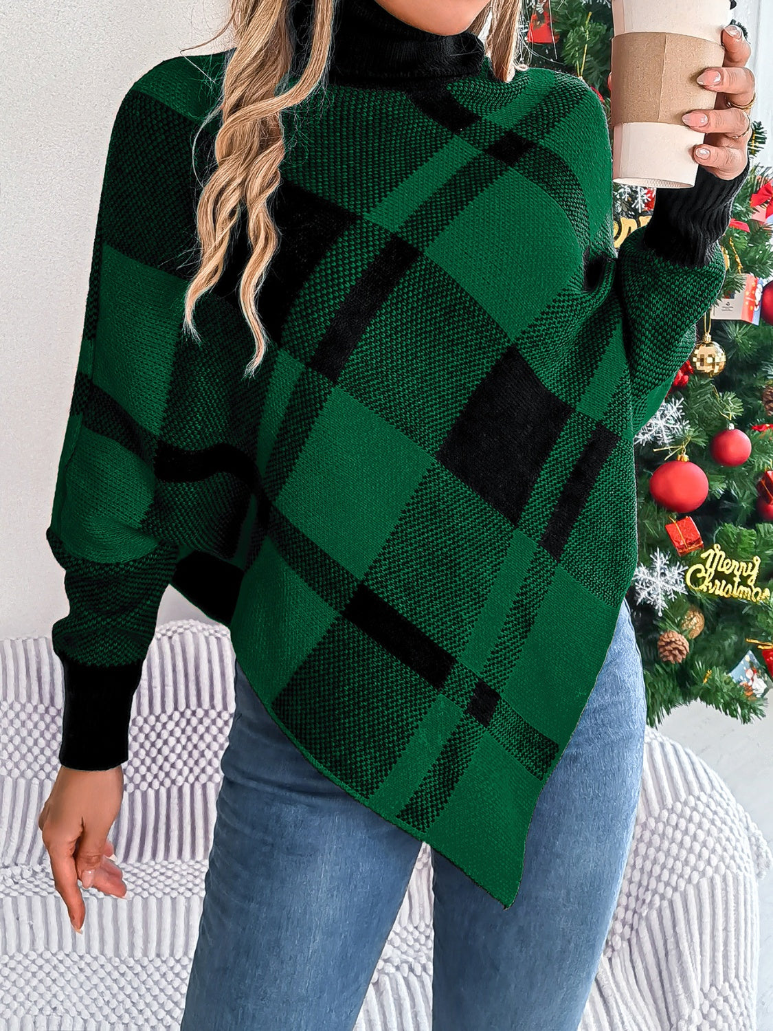 Plaid Turtleneck Batwing Sleeve Sweater - Celeste    