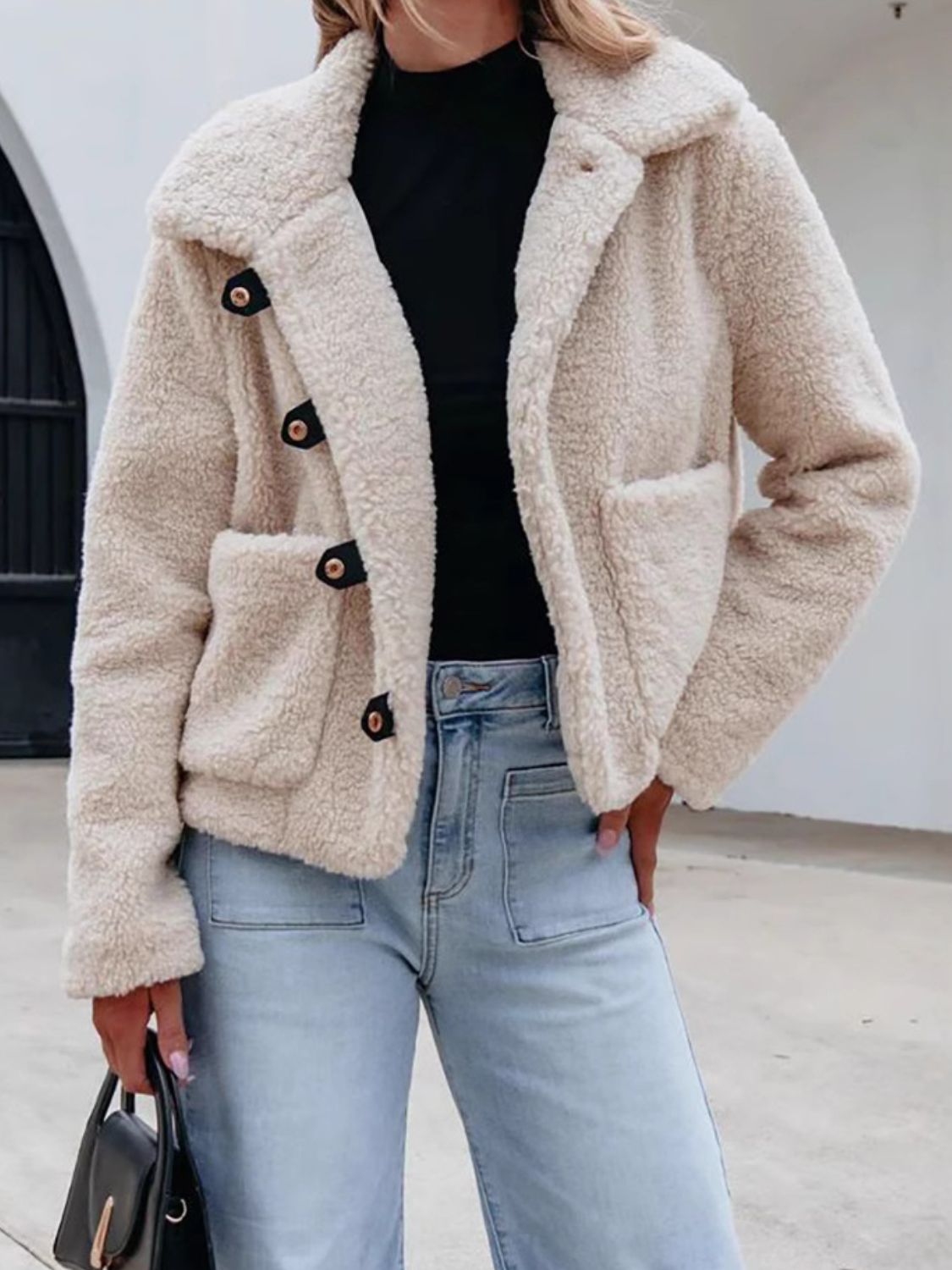 Snap Down Long Sleeve Fuzzy Jacket - Celeste    