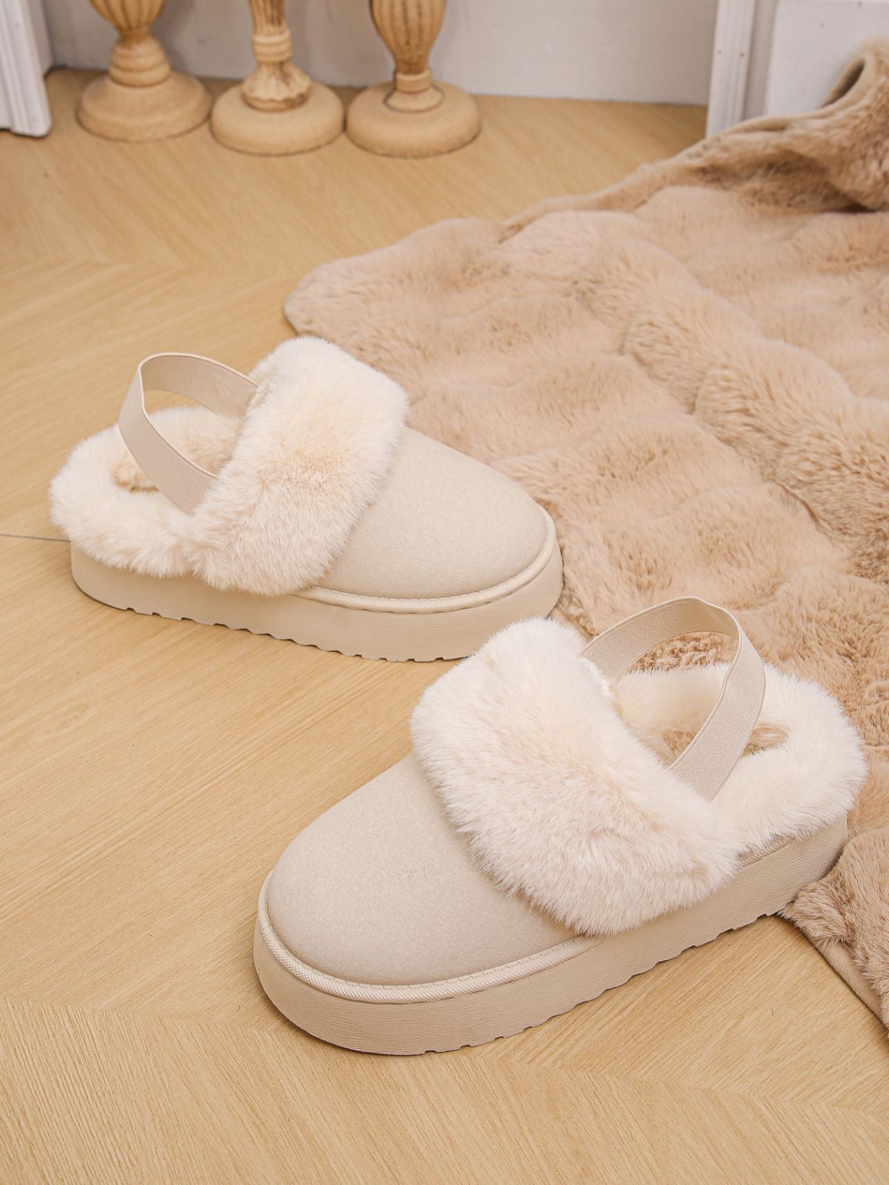 Faux Fur Round Toe Platform Slippers - Celeste    