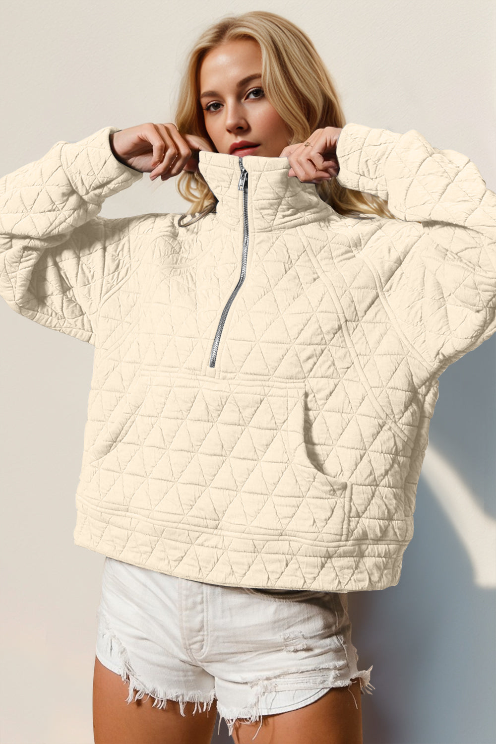 Double Take Half Zip Long Sleeve Quilted Sweatshirt with Pocket - Celeste    