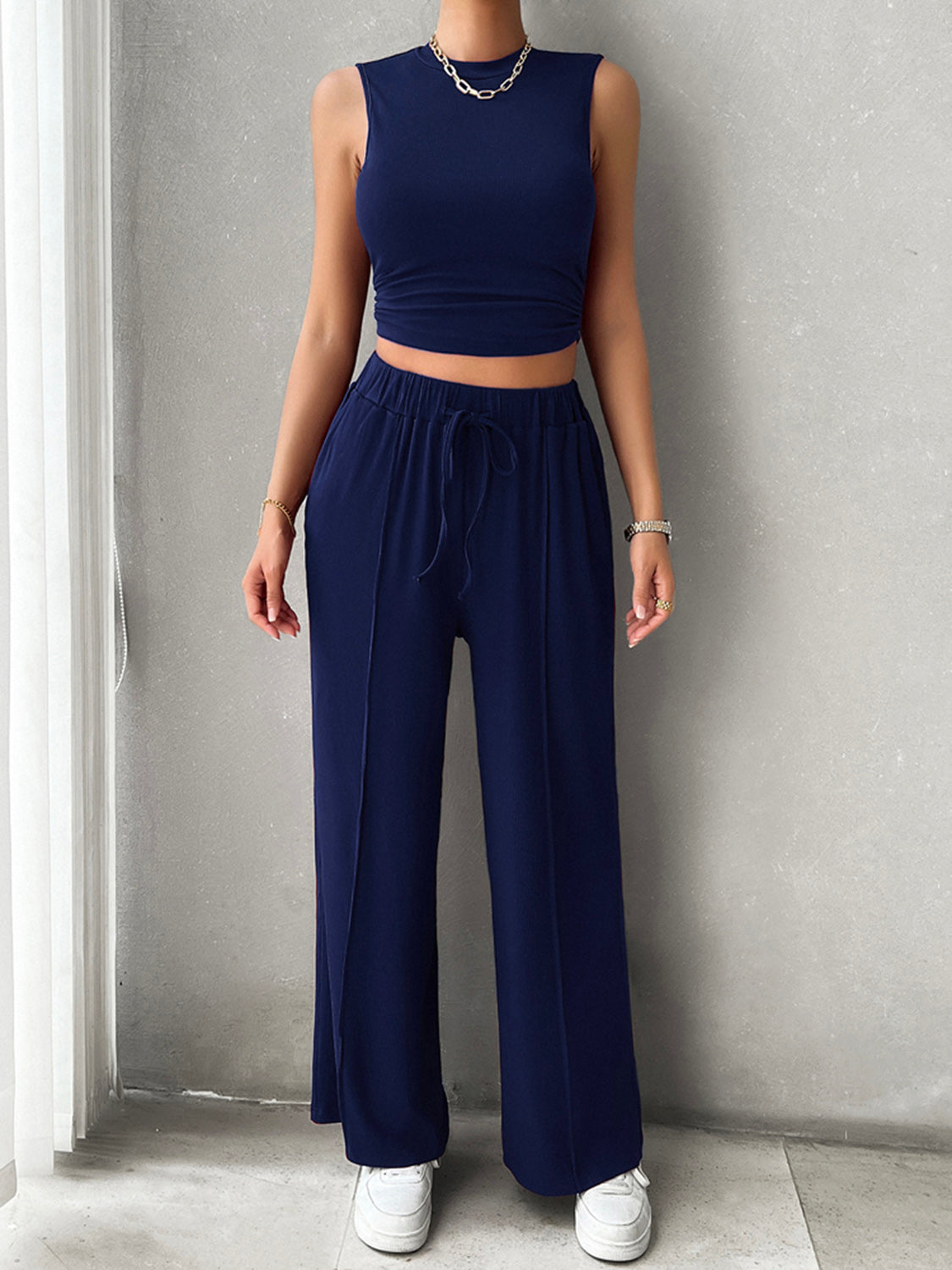 Devine Mock Neck Sleeveless Top and Drawstring Pants Set - Celeste    