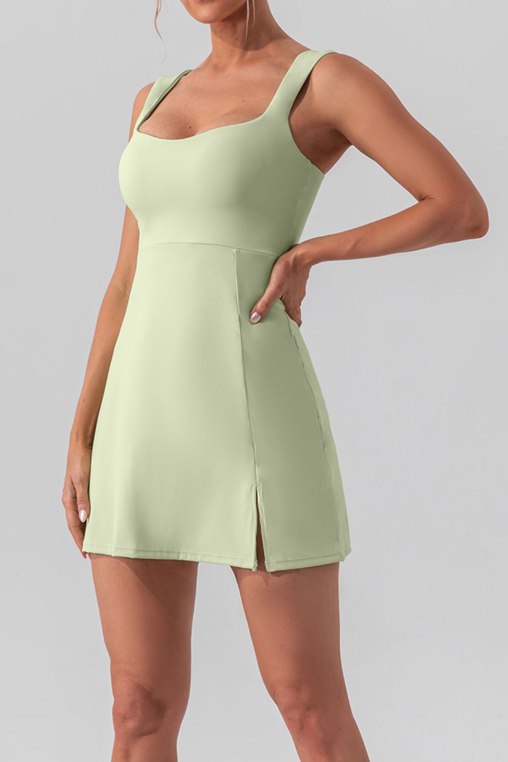 Square Neck Sleeveless Slit Mini Active Dress - Celeste    