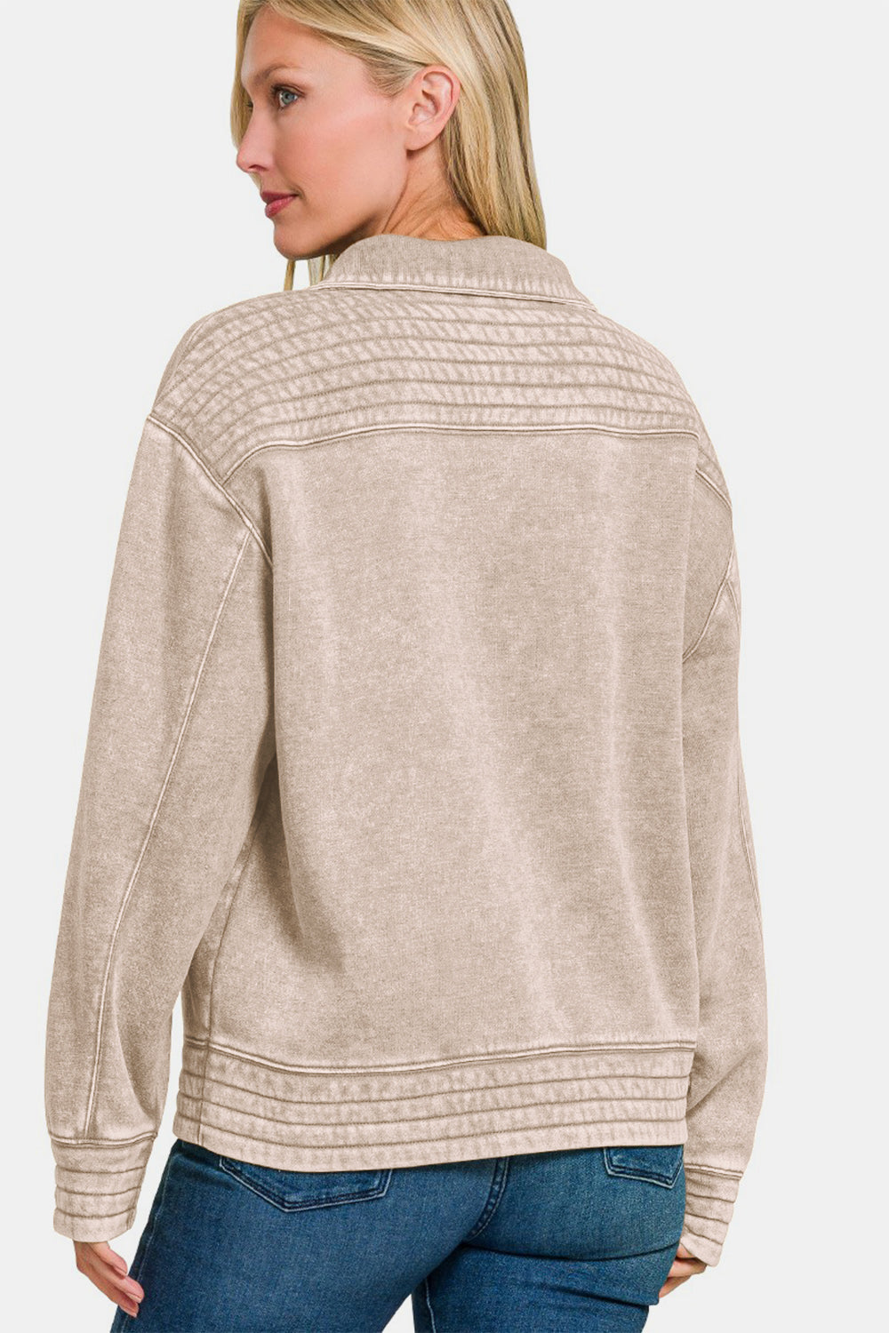 Zenana Acid Washed Half Snap Fleece Sweatshirt - Celeste    