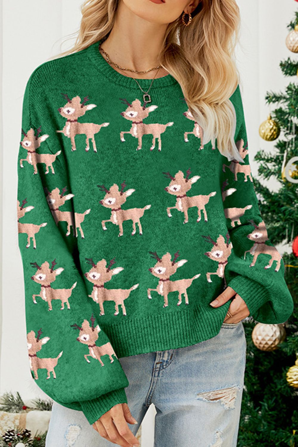 Reindeer Round Neck Drop Shoulder Sweater - Celeste    