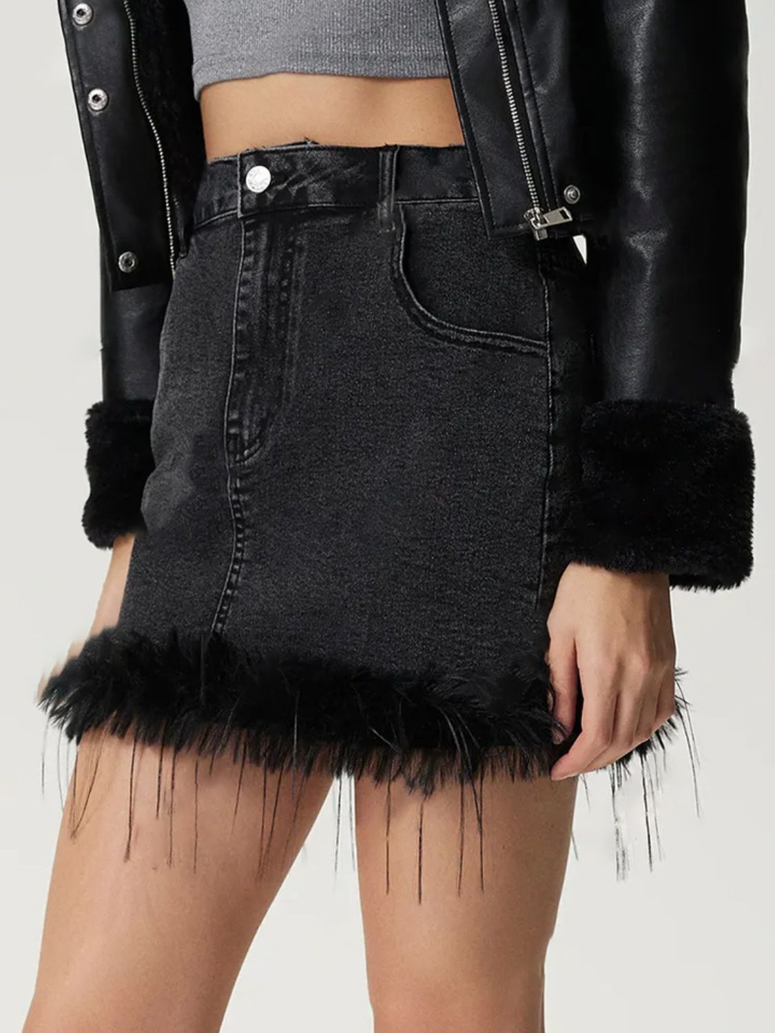 Plush Hem Mini Denim Skirt - Celeste    