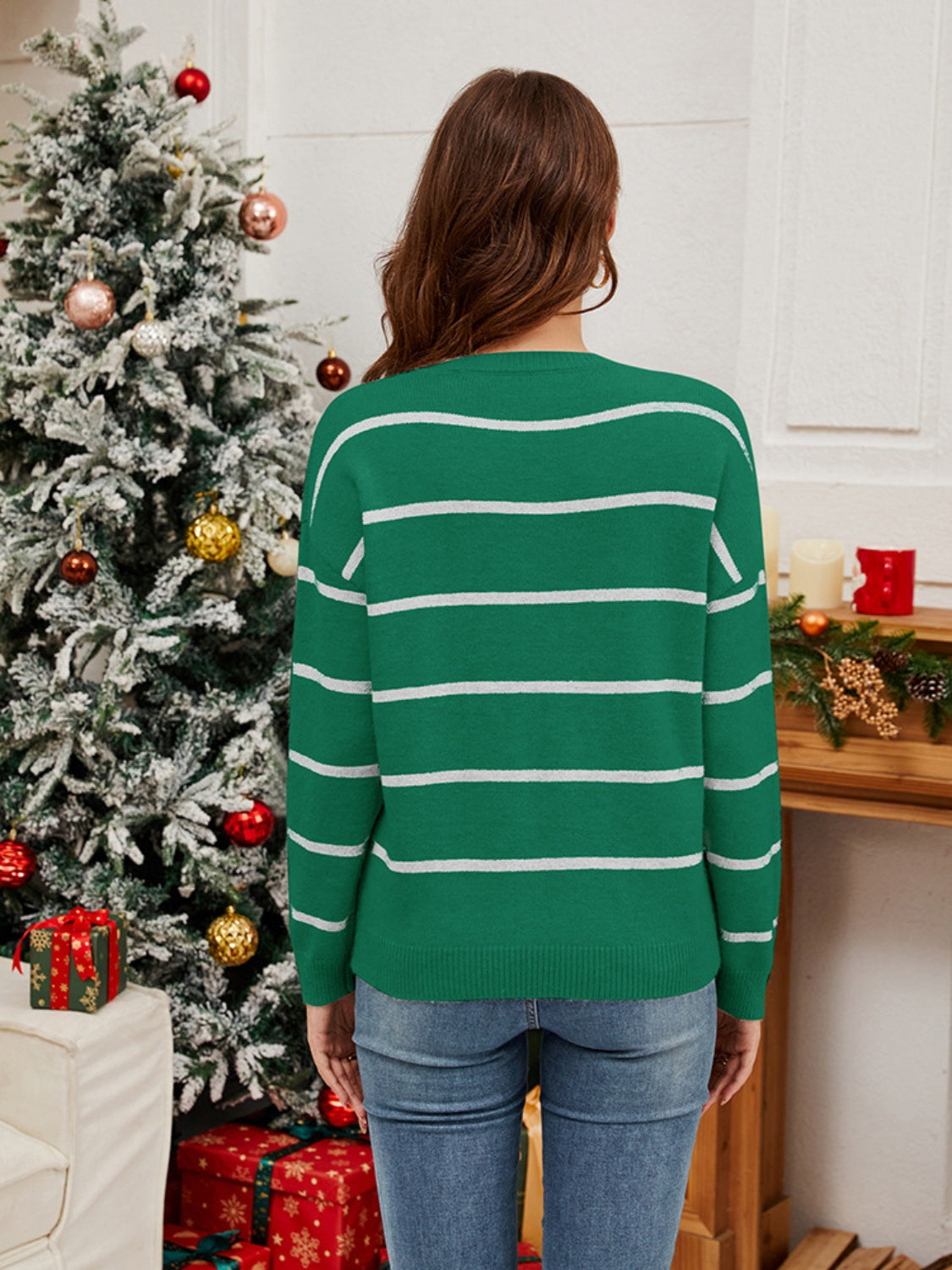 Sequin Santa Striped Round Neck Long Sleeve Sweater - Celeste    