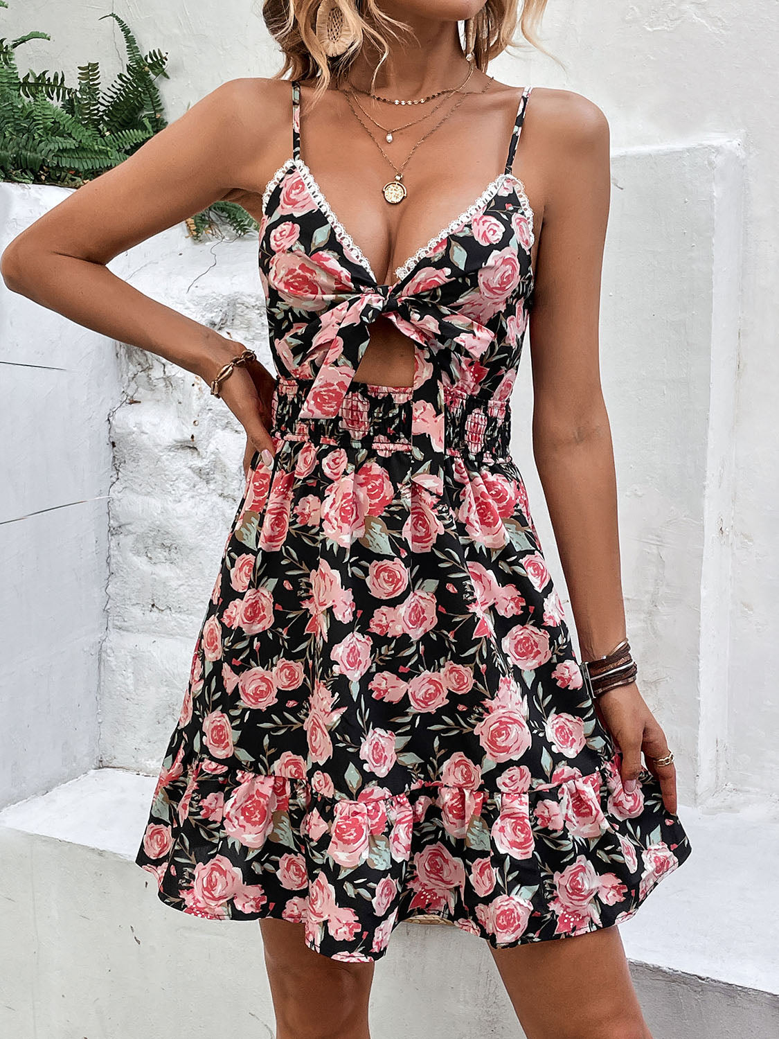 Perfee Tied Rose Print Spaghetti Strap Dress - Celeste    