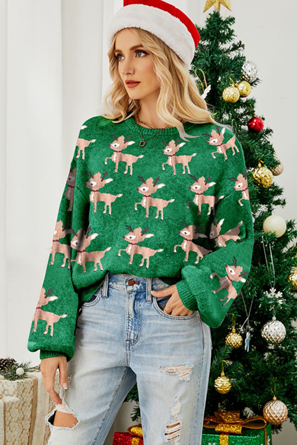 Reindeer Round Neck Drop Shoulder Sweater - Celeste    