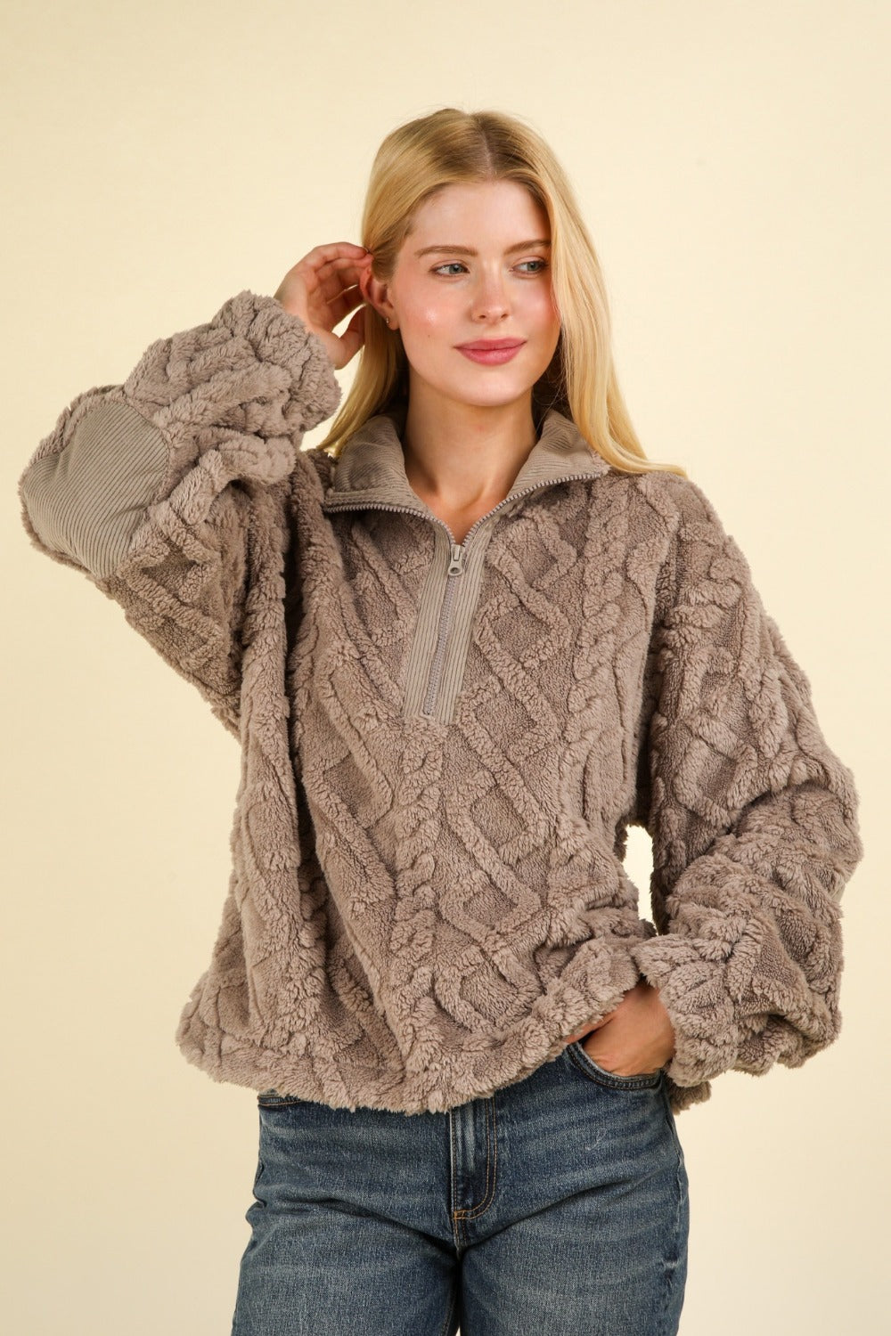 VERY J Fuzzy Fleece Half Zip Cable Pattern Sweatshirt - Celeste    