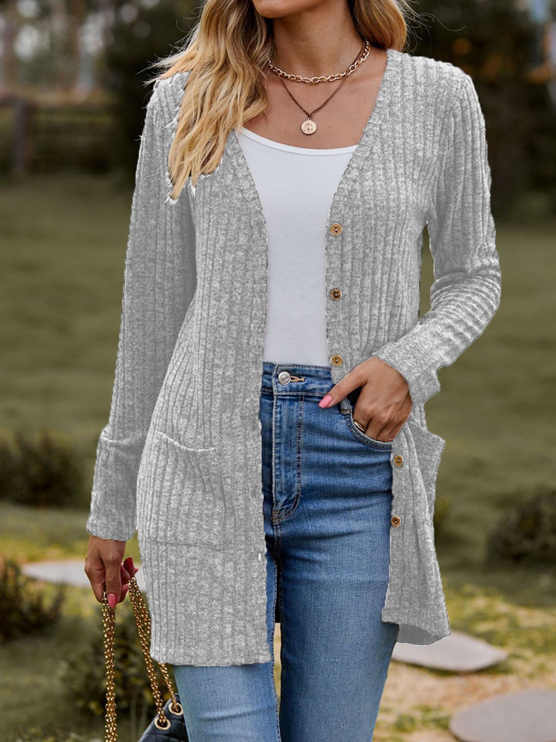 Ribbed Button Up Long Sleeve Cardigan - Celeste    