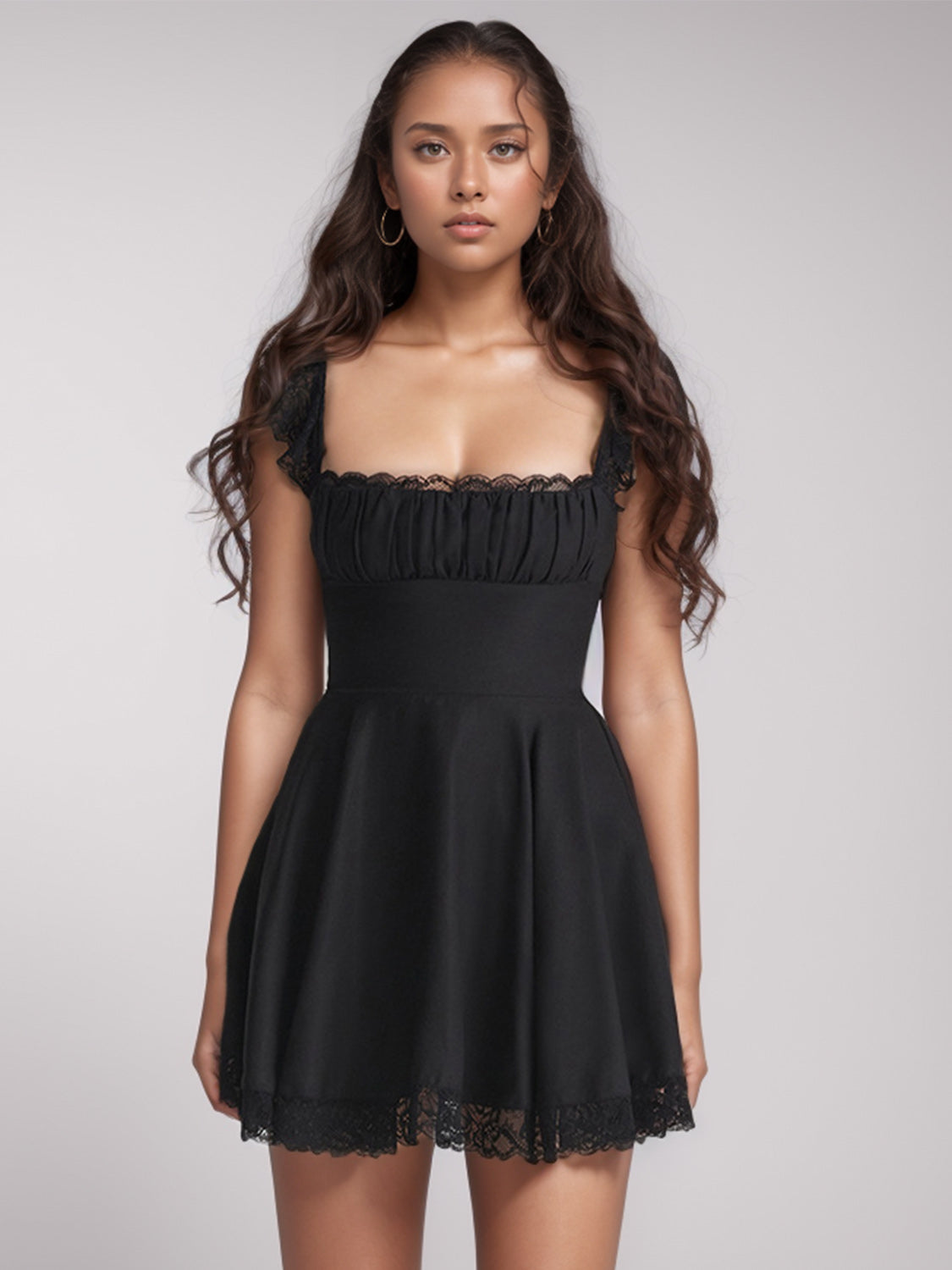 Lace Detail Square Neck Cap Sleeve Mini Dress - Celeste    