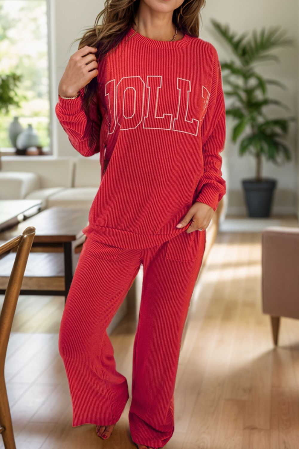 JOLLY Round Neck Long Sleeve Top and Pants Lounge Set - Celeste    