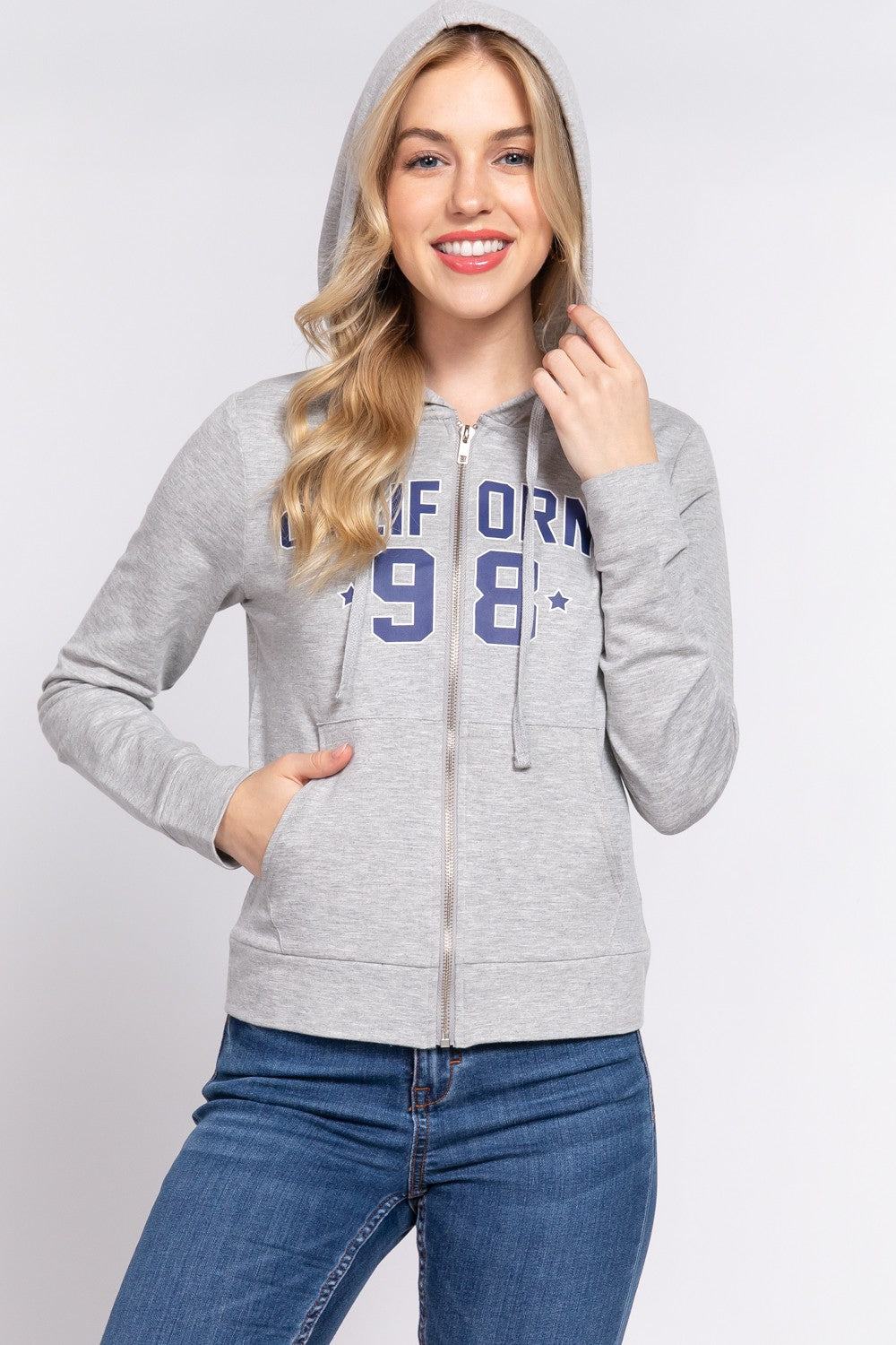 ACTIVE BASIC CALIFORNIA Zip Up Drawstring Long Sleeve Hoodie - Celeste    