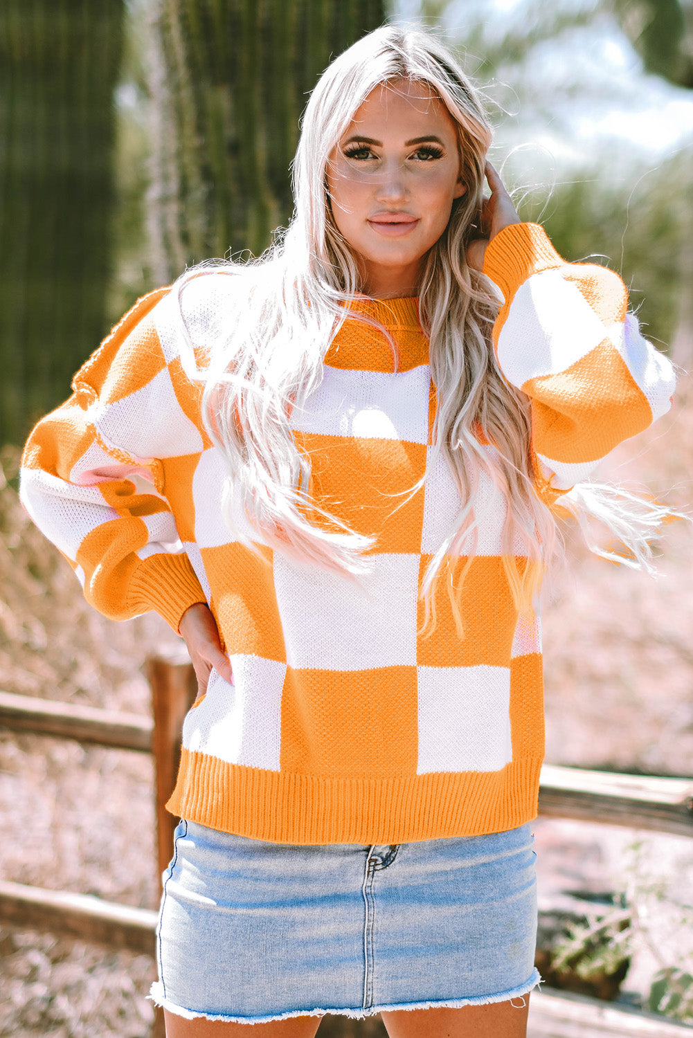 Orange Checkered Bishop Sleeve Sweater - Celeste  Sweaters & Cardigans/Sweaters  