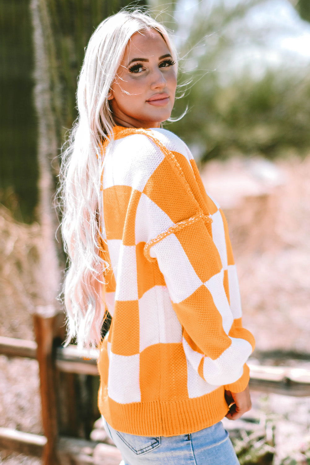 Orange Checkered Bishop Sleeve Sweater - Celeste  Sweaters & Cardigans/Sweaters  